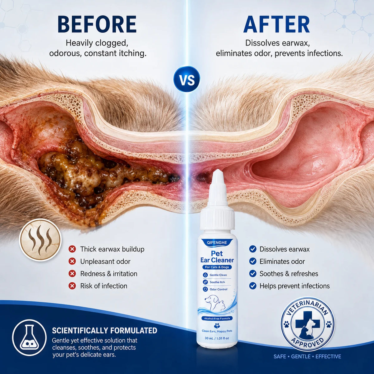 Gentle Ear Cleaner for Dogs & Cats - Alcohol-Free Wax & Odor Solution